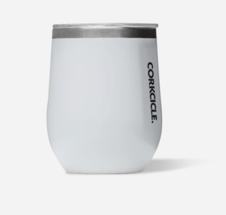 Corkcicle 12oz Stemless in Gloss White – elegant triple-insulated stainless steel tumbler with a polished white gloss finish. Includes a clear, spill-resistant lid. Keeps drinks cold for 9+ hours or hot for 3+. A versatile and sophisticated cup for wine, coffee, or cocktails. Available at Be Charmed.