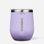Corkcicle 12oz Stemless wine tumbler in soft Lilac color with triple-wall vacuum insulation for temperature retention, spill-resistant sliding lid, ergonomic shape, soft-touch powder coating finish, and durable stainless steel construction. Available at Be Charmed.