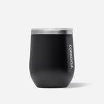 Corkcicle 12oz Stemless in Matte Black – triple-insulated stainless steel tumbler with a sleek matte black finish. Includes a clear, spill-resistant lid. Keeps beverages cold for 9+ hours or hot for 3+. A versatile and modern cup for wine, coffee, or cocktails. Available at Be Charmed.