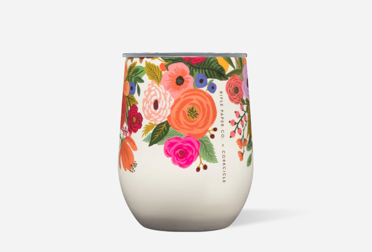 Corkcicle 12oz Stemless wine tumbler in Rifle Paper Garden Party floral design with triple insulation and sliding lid. Available at Be Charmed.