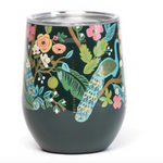 Corkcicle 12oz Stemless in Rifle Paper Co. Peacock Blue – elegant triple-insulated tumbler featuring a rich blue finish with vibrant floral illustrations from Rifle Paper Co. Includes a spill-resistant clear lid. Keeps drinks cold for 9+ hours or hot for 3+. Perfect for stylish sipping—available at Be Charmed.