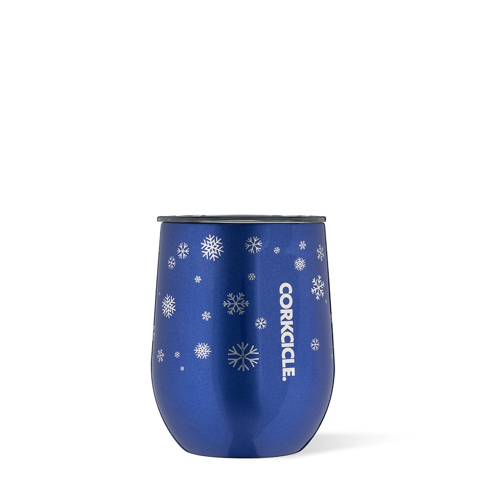 Corkcicle 12oz Stemless in Snowfall Blue – triple-insulated stainless steel tumbler in a serene wintry blue with a soft shimmer finish. Includes a clear, spill-resistant lid. Keeps drinks cold for 9+ hours or hot for 3+. Ideal for wine, coffee, or holiday cocktails. Available at Be Charmed.