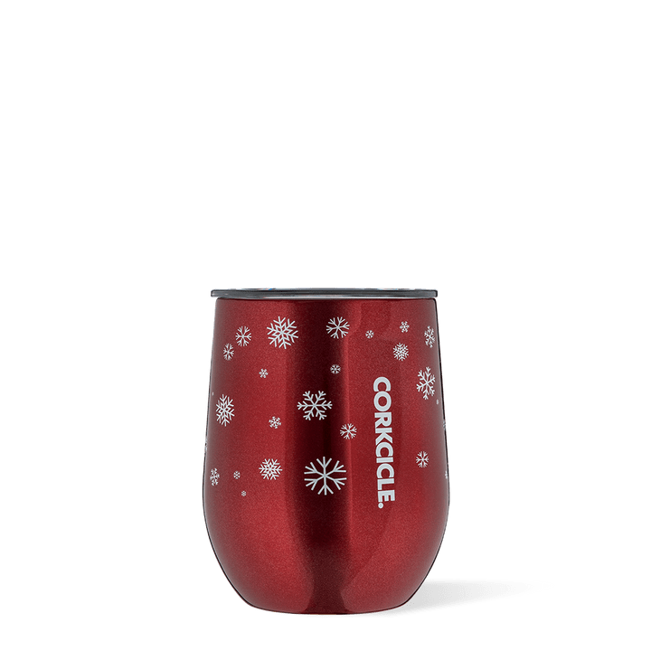 Corkcicle 12oz Stemless Tumbler in Snowfall Red – triple-insulated stainless steel drinkware with a bold holiday red finish and subtle shimmer. Keeps drinks hot or cold, ideal for festive sipping or gifting, available at Be Charmed.