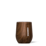 Corkcicle 12oz Stemless Tumbler in Walnut Wood – triple-insulated stainless steel drinkware with a rich woodgrain finish, perfect for wine, coffee, or cocktails. Durable and stylish, available at Be Charmed.