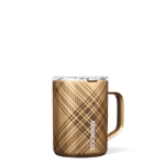 Corkcicle 16oz Mug in Golden Plaid – triple-insulated stainless steel mug with a festive gold and white plaid pattern, clear spill-resistant lid, and easy-grip handle. Keeps beverages hot for hours. Perfect for cozy holiday sipping, available at Be Charmed.