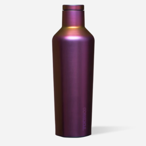 Corkcicle 16oz insulated canteen in Nebula galaxy design featuring triple-wall vacuum insulation, leak-proof twist cap, flat easy-grip sides, and durable stainless steel body for long-lasting hot or cold hydration. Available at Be Charmed.