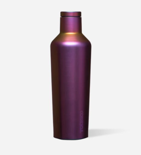 Corkcicle 16oz insulated canteen in Nebula galaxy design featuring triple-wall vacuum insulation, leak-proof twist cap, flat easy-grip sides, and durable stainless steel body for long-lasting hot or cold hydration. Available at Be Charmed.