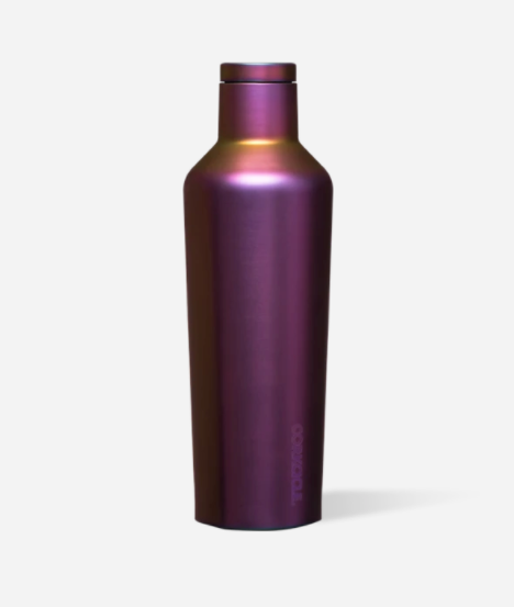 Corkcicle 16oz insulated canteen in Nebula galaxy design featuring triple-wall vacuum insulation, leak-proof twist cap, flat easy-grip sides, and durable stainless steel body for long-lasting hot or cold hydration. Available at Be Charmed.