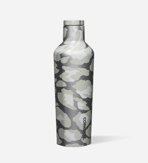 Corkcicle 16oz insulated canteen in Snow Leopard print with triple-wall vacuum insulation, wide mouth, screw-on leak-proof lid, sleek matte finish, and stainless steel body for all-day hot or cold hydration. Available at Be Charmed.