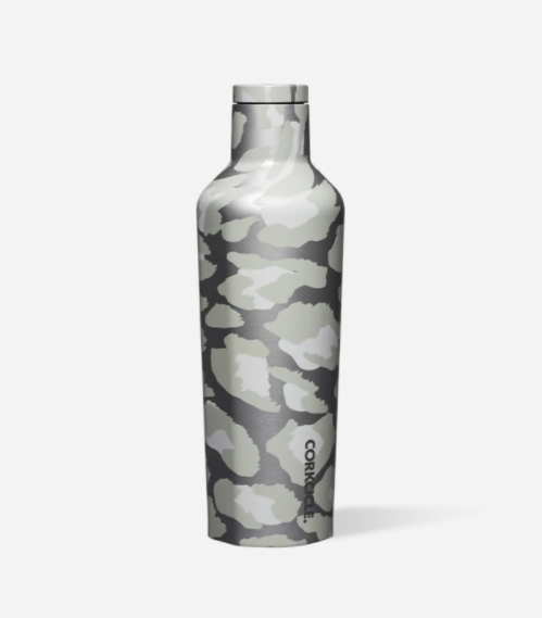 Corkcicle 16oz insulated canteen in Snow Leopard print with triple-wall vacuum insulation, wide mouth, screw-on leak-proof lid, sleek matte finish, and stainless steel body for all-day hot or cold hydration. Available at Be Charmed.