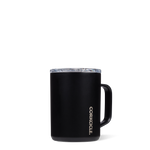 Corkcicle 16oz Mug in Matte Black – sleek, triple-insulated stainless steel coffee mug with a spill-resistant clear lid, ergonomic handle, and modern matte finish. Keeps drinks hot or cold longer, perfect for daily sipping, available at Be Charmed.