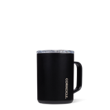 Corkcicle 16oz Mug in Matte Black – sleek, triple-insulated stainless steel coffee mug with a spill-resistant clear lid, ergonomic handle, and modern matte finish. Keeps drinks hot or cold longer, perfect for daily sipping, available at Be Charmed.