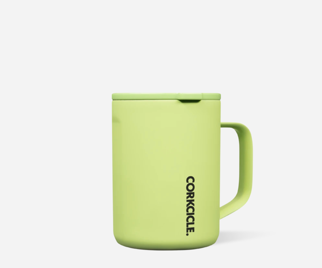 Corkcicle 16oz insulated travel mug in Neon Lights Citron with triple-wall vacuum insulation, spill-resistant sliding lid, ergonomic handle, durable stainless steel, and vibrant citron finish. Available at Be Charmed.