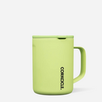 Corkcicle 16oz insulated travel mug in Neon Lights Citron with triple-wall vacuum insulation, spill-resistant sliding lid, ergonomic handle, durable stainless steel, and vibrant citron finish. Available at Be Charmed.