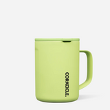 Corkcicle 16oz insulated travel mug in Neon Lights Citron with triple-wall vacuum insulation, spill-resistant sliding lid, ergonomic handle, durable stainless steel, and vibrant citron finish. Available at Be Charmed.