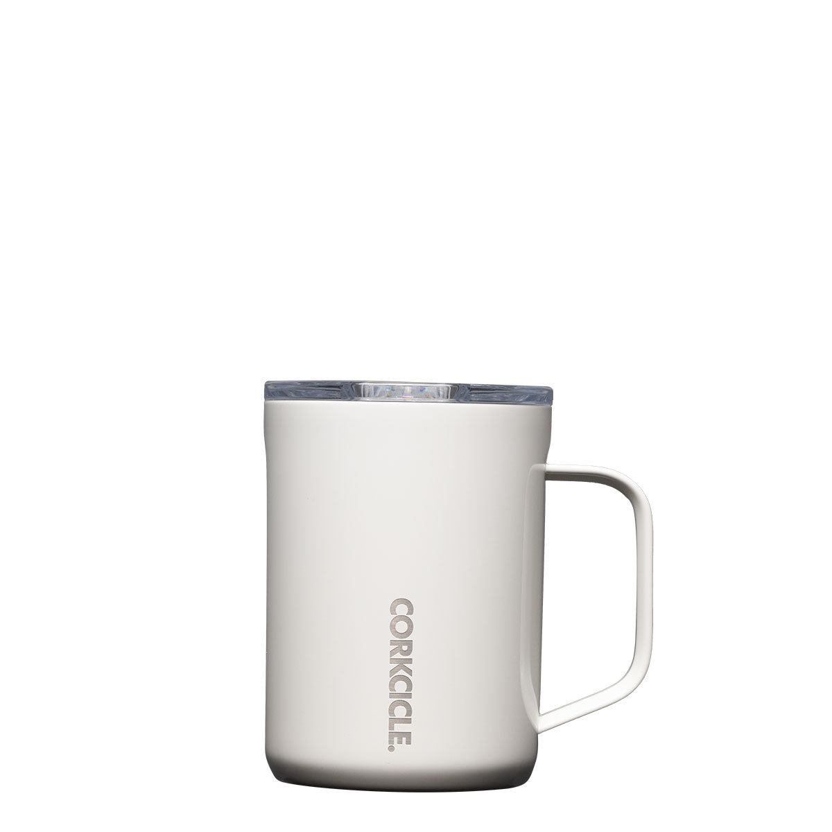 Corkcicle 16oz Mug in Oat Milk – triple-insulated stainless steel coffee mug in a soft, neutral cream tone with a clear, spill-resistant lid and ergonomic handle. Keeps drinks hot for up to 3 hours or cold for 9+. Modern, minimal design. Available at Be Charmed.
