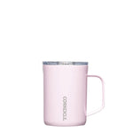Corkcicle 16oz Mug in Powder Puff – triple-insulated stainless steel mug in soft matte pink with an ergonomic handle and spill-resistant lid. Keeps drinks hot or cold, perfect for cozy sipping, available at Be Charmed.