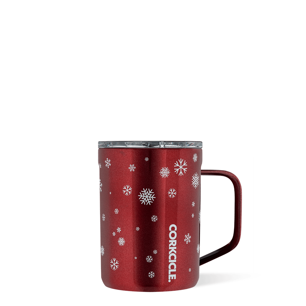 Corkcicle 16oz insulated travel mug in Snowfall Red with triple-wall vacuum insulation, spill-resistant sliding lid, ergonomic handle, and durable stainless steel construction. Available at Be Charmed.