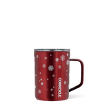 Corkcicle 16oz insulated travel mug in Snowfall Red with triple-wall vacuum insulation, spill-resistant sliding lid, ergonomic handle, and durable stainless steel construction. Available at Be Charmed.