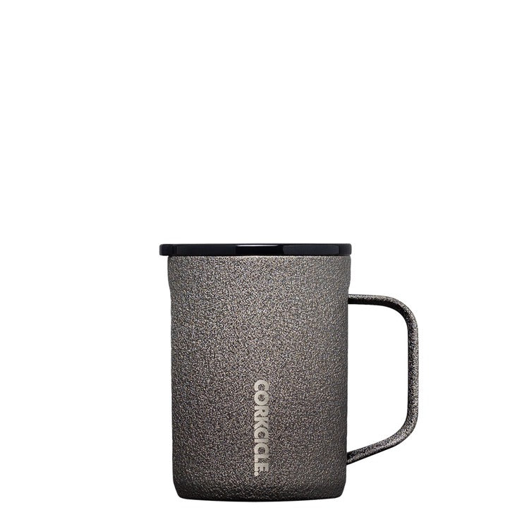 Corkcicle 16oz Mug in Steel Shadow – triple-insulated stainless steel mug in a sleek gray finish with a spill-resistant lid and ergonomic handle. Keeps drinks hot or cold longer. Ideal for coffee or tea, available at Be Charmed.