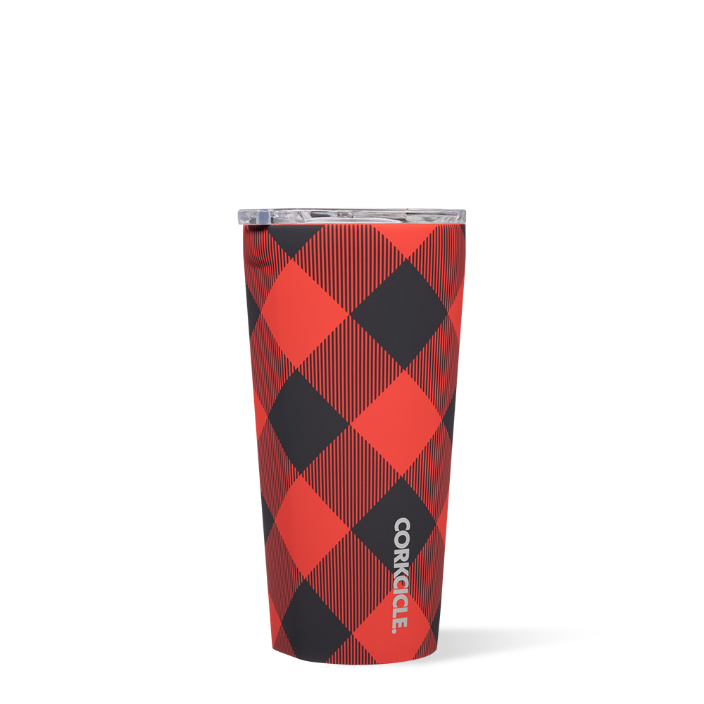 Corkcicle 16oz insulated tumbler in Buffalo Plaid Red pattern with spill-resistant lid. Available at Be Charmed.