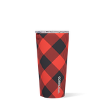 Corkcicle 16oz insulated tumbler in Buffalo Plaid Red pattern with spill-resistant lid. Available at Be Charmed.