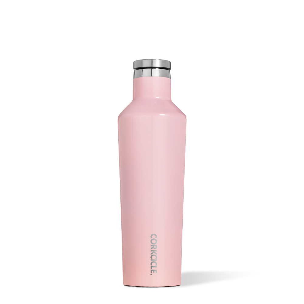 Corkcicle 16oz insulated canteen in Pink with triple-wall vacuum insulation, stainless steel body, screw-on leak-proof lid, flat easy-grip sides, and soft-touch finish. Keeps drinks cold 25 hrs or hot 12 hrs. Available at Be Charmed.