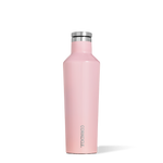 Corkcicle 16oz insulated canteen in Pink with triple-wall vacuum insulation, stainless steel body, screw-on leak-proof lid, flat easy-grip sides, and soft-touch finish. Keeps drinks cold 25 hrs or hot 12 hrs. Available at Be Charmed.