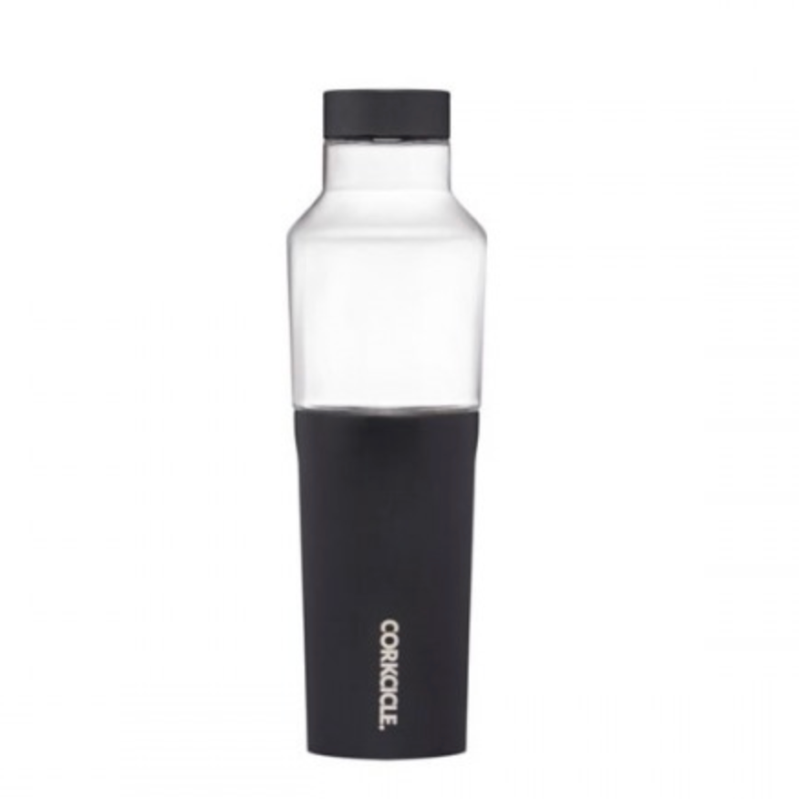 Corkcicle 20oz Hybrid Canteen in Matte Black – sleek, triple-insulated stainless steel and glass canteen with modern matte finish, wide mouth for ice, and leak-resistant cap. Designed for pure taste and all-day hydration, available at Be Charmed.