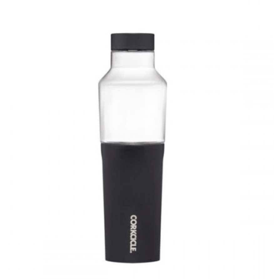 Corkcicle 20oz Hybrid Canteen in Matte Black – sleek, triple-insulated stainless steel and glass canteen with modern matte finish, wide mouth for ice, and leak-resistant cap. Designed for pure taste and all-day hydration, available at Be Charmed.