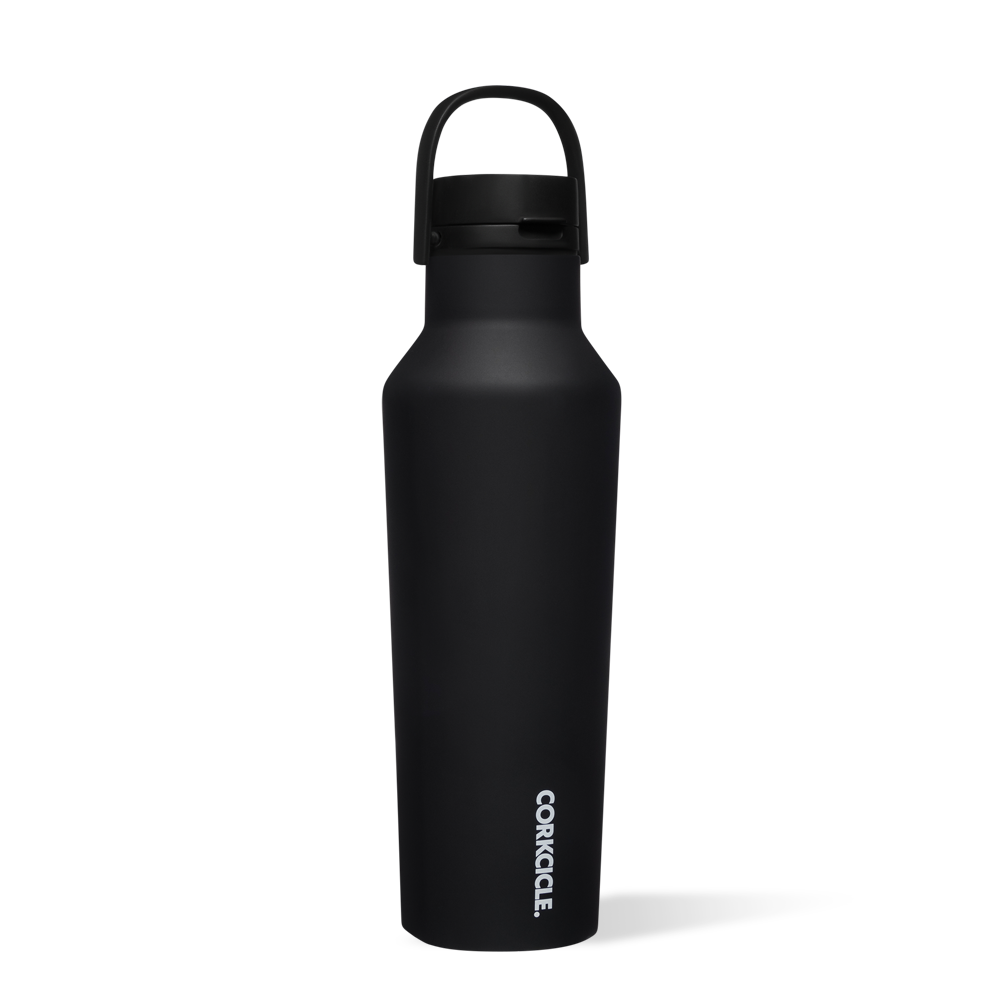 Corkcicle 20oz Sport Canteen in Black – sleek triple-insulated stainless steel canteen with a matte black finish, built-in carry handle, and quick-sip sport lid. Keeps drinks cold for 25+ hours or hot for 12+. Durable, modern, and perfect for workouts or commutes. Available at Be Charmed.