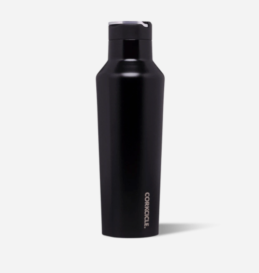 Corkcicle 20oz Sport Canteen in Matte Black with triple-wall vacuum insulation, leak-proof sport sip cap, soft-touch matte finish, flat sides for easy grip, and durable stainless steel body for all-day hydration. Available at Be Charmed.