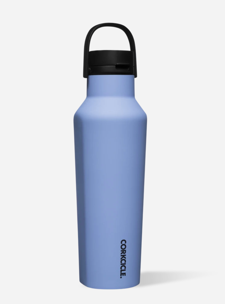 Corkcicle 20oz Sport Canteen in Periwinkle – triple-insulated stainless steel water bottle in a soft, pastel purple finish with a quick-sip sport lid and built-in carry handle. Keeps drinks cold for 25+ hours or hot for 12. Lightweight and durable—available at Be Charmed.
