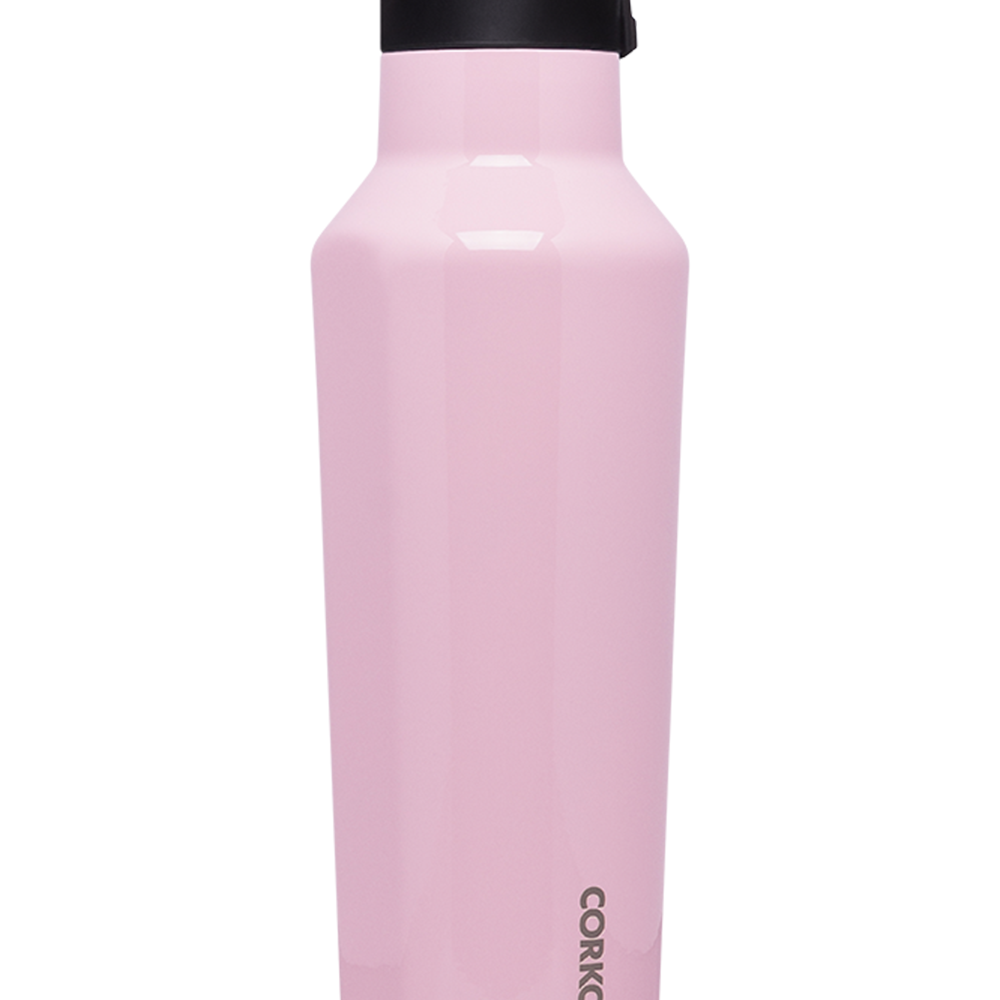 Corkcicle 20oz Sport Canteen in Rose Quartz with triple-wall insulation, leak-proof sport sip cap, durable stainless steel body, flat grip sides, and soft-touch blush pink finish. Keeps drinks cold 25 hrs or hot 12 hrs. Available at Be Charmed.