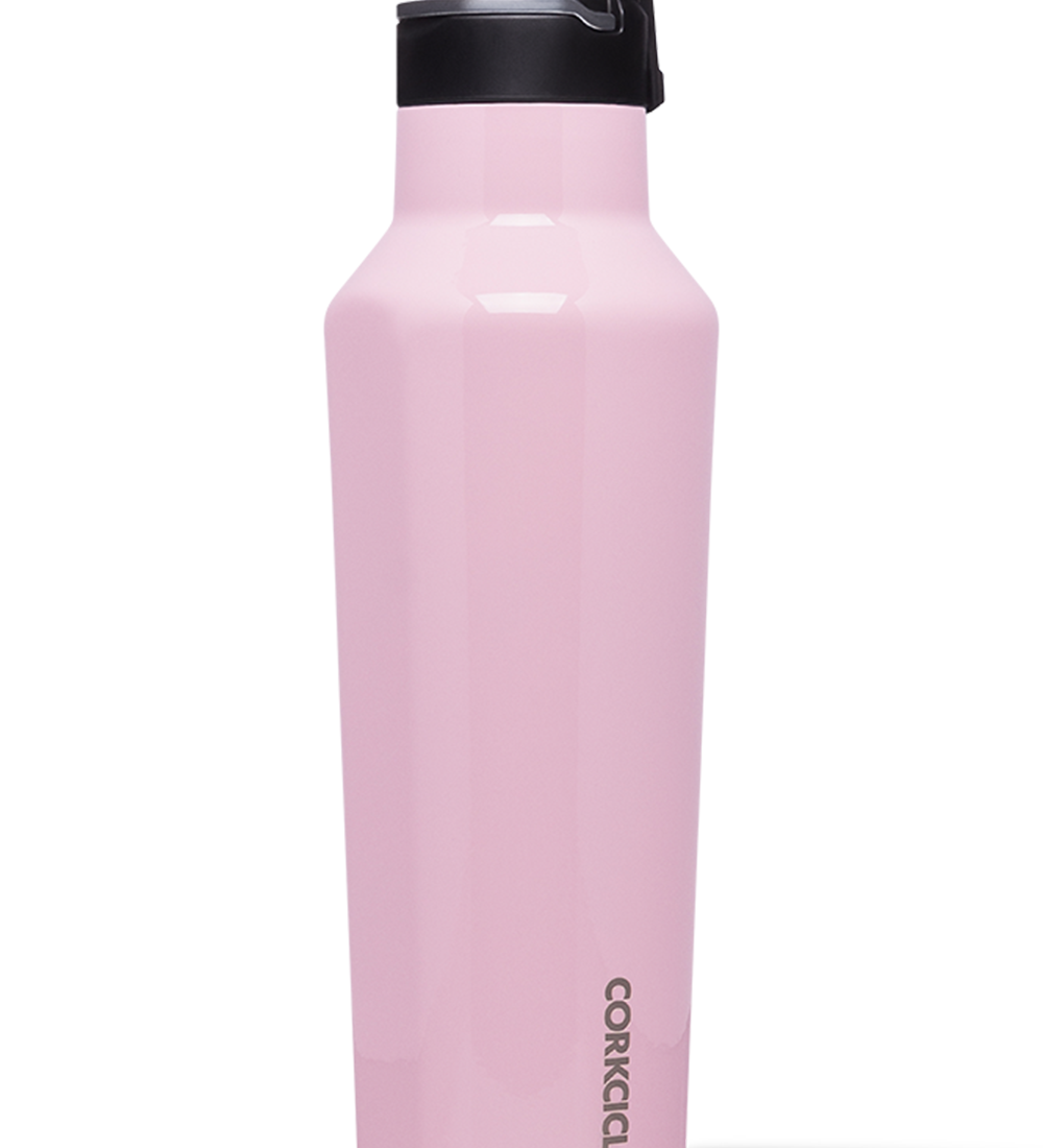 Corkcicle 20oz Sport Canteen in Rose Quartz with triple-wall insulation, leak-proof sport sip cap, durable stainless steel body, flat grip sides, and soft-touch blush pink finish. Keeps drinks cold 25 hrs or hot 12 hrs. Available at Be Charmed.