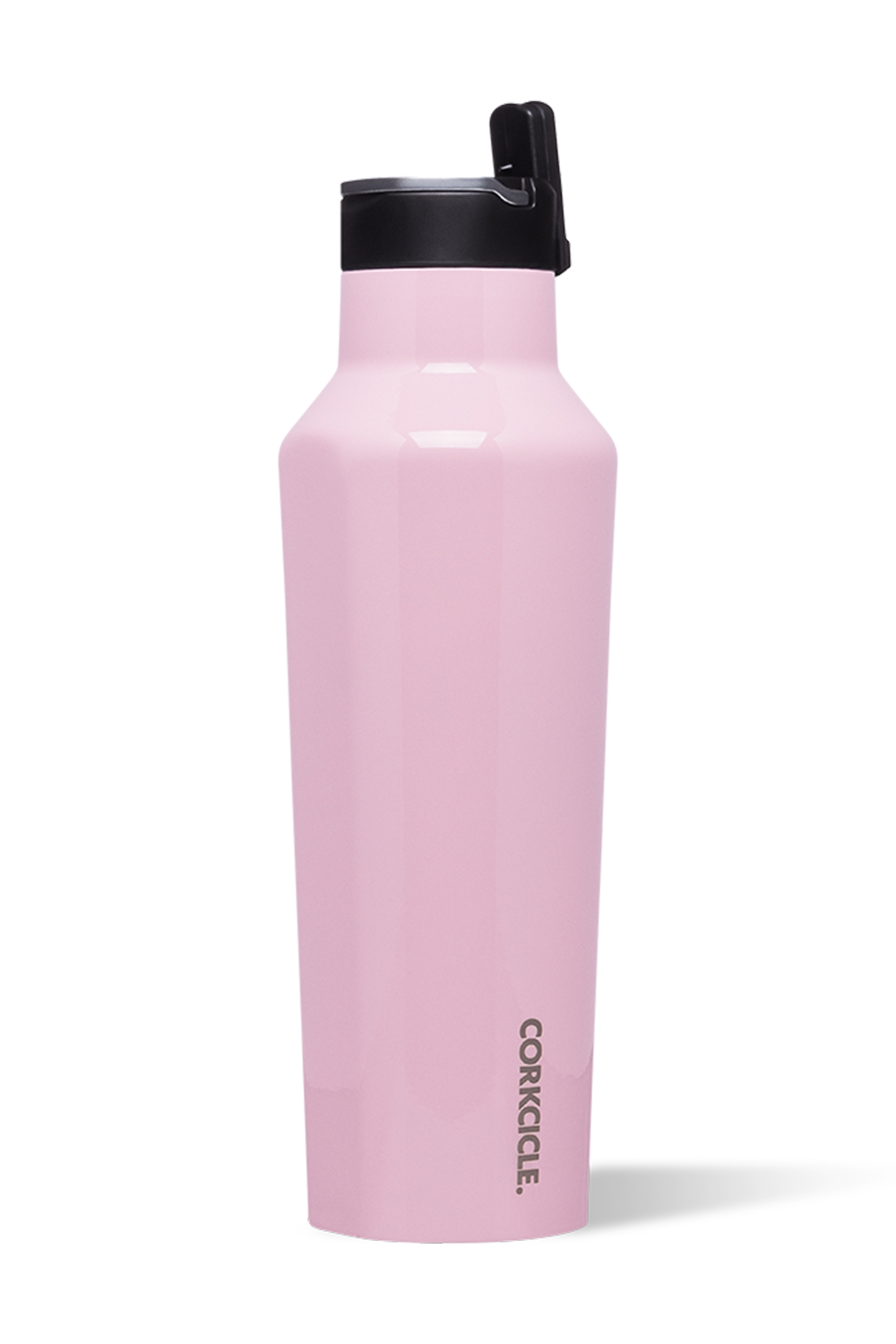 Corkcicle 20oz Sport Canteen in Rose Quartz with triple-wall insulation, leak-proof sport sip cap, durable stainless steel body, flat grip sides, and soft-touch blush pink finish. Keeps drinks cold 25 hrs or hot 12 hrs. Available at Be Charmed.