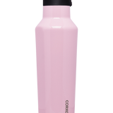 Corkcicle 20oz Sport Canteen in Rose Quartz with triple-wall insulation, leak-proof sport sip cap, durable stainless steel body, flat grip sides, and soft-touch blush pink finish. Keeps drinks cold 25 hrs or hot 12 hrs. Available at Be Charmed.