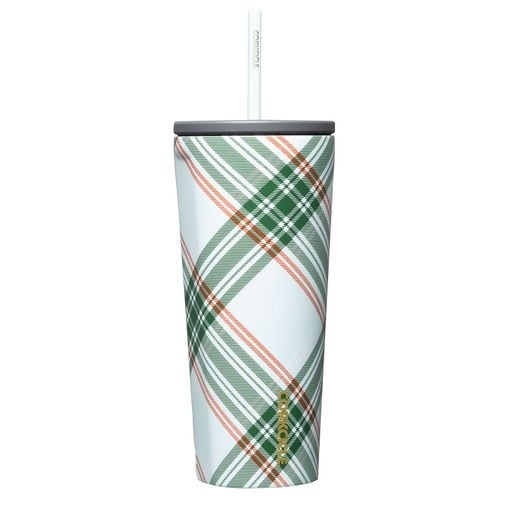 Corkcicle 24oz Cold Cup in Peppermint Plaid – triple-insulated stainless steel tumbler featuring a festive red-and-white plaid design, soft-grip lid with reusable straw, and ergonomic shape. Keeps drinks cold for up to 12 hours. Holiday-ready and stylish, available at Be Charmed.