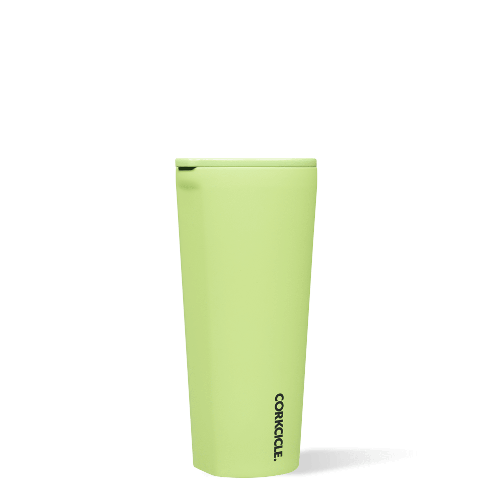 Corkcicle 24oz insulated tumbler in Neon Lights Citron with vibrant citron yellow finish, triple-wall vacuum insulation, spill-resistant sliding lid, non-slip silicone base, and durable stainless steel construction. Available at Be Charmed.