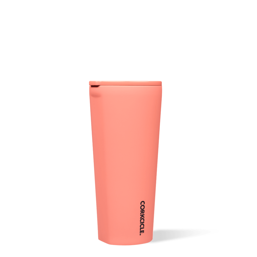 Corkcicle 24oz Tumbler in Neon Lights Coral – triple-insulated stainless steel tumbler with a vibrant coral-pink neon finish. Includes a clear, spill-resistant lid. Keeps drinks cold for 9+ hours or hot for 3+. Bold, bright, and perfect for on-the-go sipping. Available at Be Charmed.