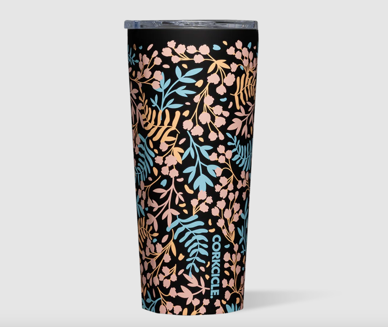 Corkcicle 24oz Tumbler in Radiant Garden – floral triple-insulated stainless steel tumbler with vibrant botanical print, clear sliding lid, and ergonomic design. Keeps drinks cold for 9+ hours or hot for 3, available at Be Charmed.