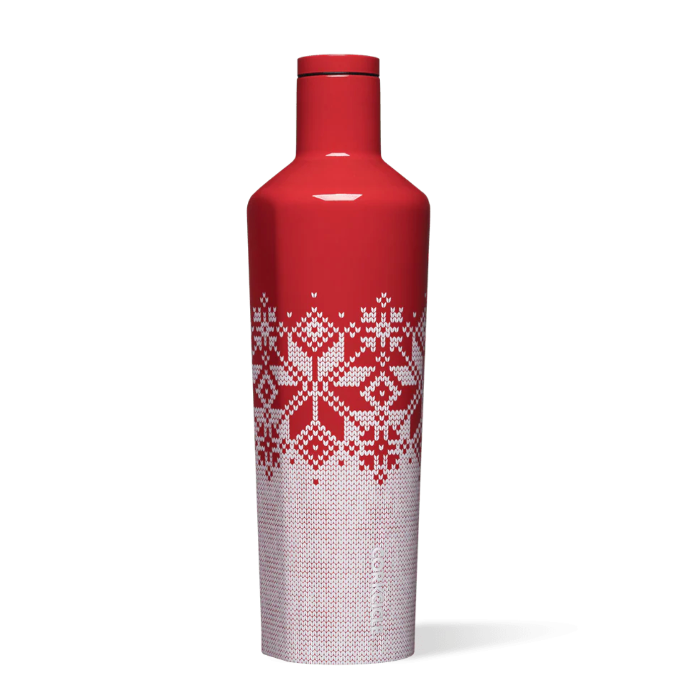 Red water bottle with white pattern on a white background.  Available at Be Charmed