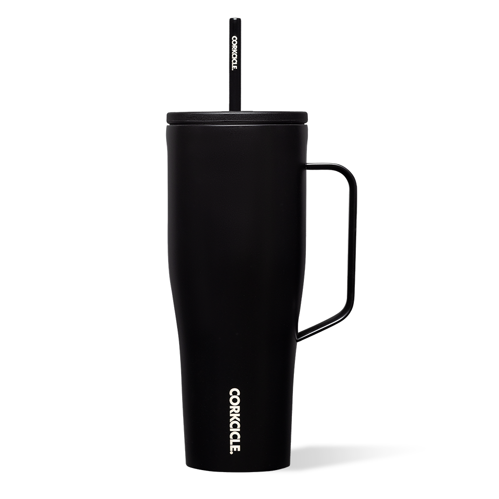 Corkcicle 30 oz Cold Cup XL in Matte Black – large insulated tumbler with a sleek matte black finish. Features double-wall vacuum insulation, splash-resistant lid, and reusable straw. Perfect for keeping drinks cold for hours on the go. Durable, stylish, and eco-friendly. Available at Be Charmed.