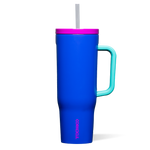 Corkcicle 40oz Cruiser in 80's Windbreaker – bold, triple-insulated stainless steel tumbler with a retro colorblock design, soft-grip handle, and spill-resistant lid with straw. Keeps drinks cold for 20+ hours, available at Be Charmed.