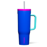 Corkcicle 40oz Cruiser in 80's Windbreaker – bold, triple-insulated stainless steel tumbler with a retro colorblock design, soft-grip handle, and spill-resistant lid with straw. Keeps drinks cold for 20+ hours, available at Be Charmed.