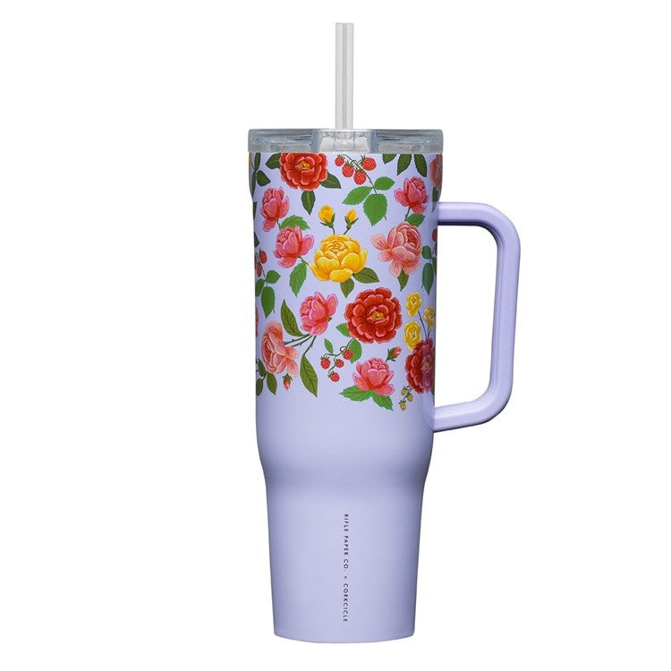 Corkcicle 40oz Cruiser – Rifle Paper Co. Roses Purple – large-capacity triple-insulated stainless steel tumbler featuring vibrant purple floral design by Rifle Paper Co. Includes soft-grip handle and straw lid. Keeps drinks cold for 12+ hours. Stylish hydration, available at Be Charmed.