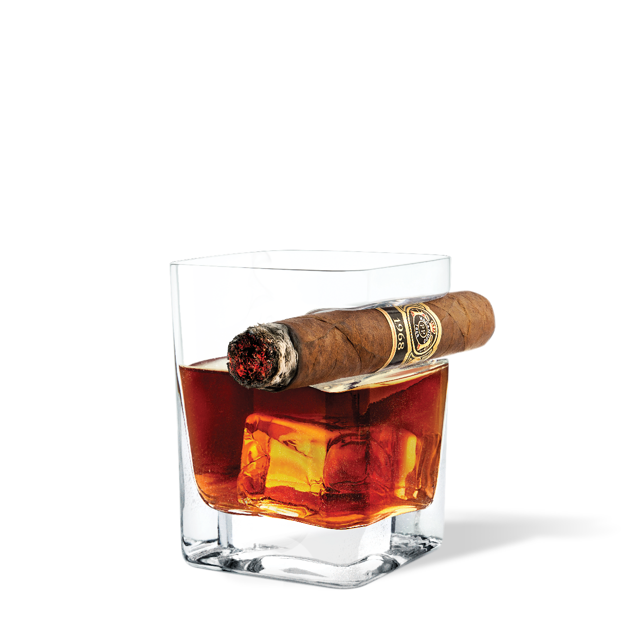 orkcicle Cigar Glass – unique double old-fashioned whiskey glass with built-in cigar holder, designed for effortless sipping and smoking in one hand. A refined gift for cigar and whiskey lovers, available at Be Charmed.