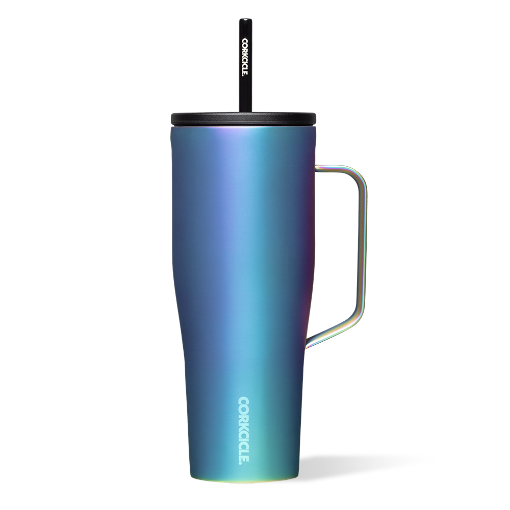 Corkcicle 30oz Cold Cup XL in Dragonfly – triple-insulated stainless steel tumbler with vibrant iridescent finish, soft-grip straw lid, and easy-carry handle. Keeps drinks cold for up to 12 hours. Durable, stylish hydration on the go, available at Be Charmed.