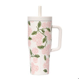 Floral-patterned Corkcicle tumbler with a straw on a white background. Available at Be Charmed
