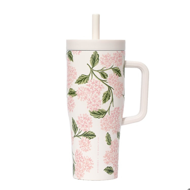 Floral-patterned Corkcicle tumbler with a straw on a white background. Available at Be Charmed